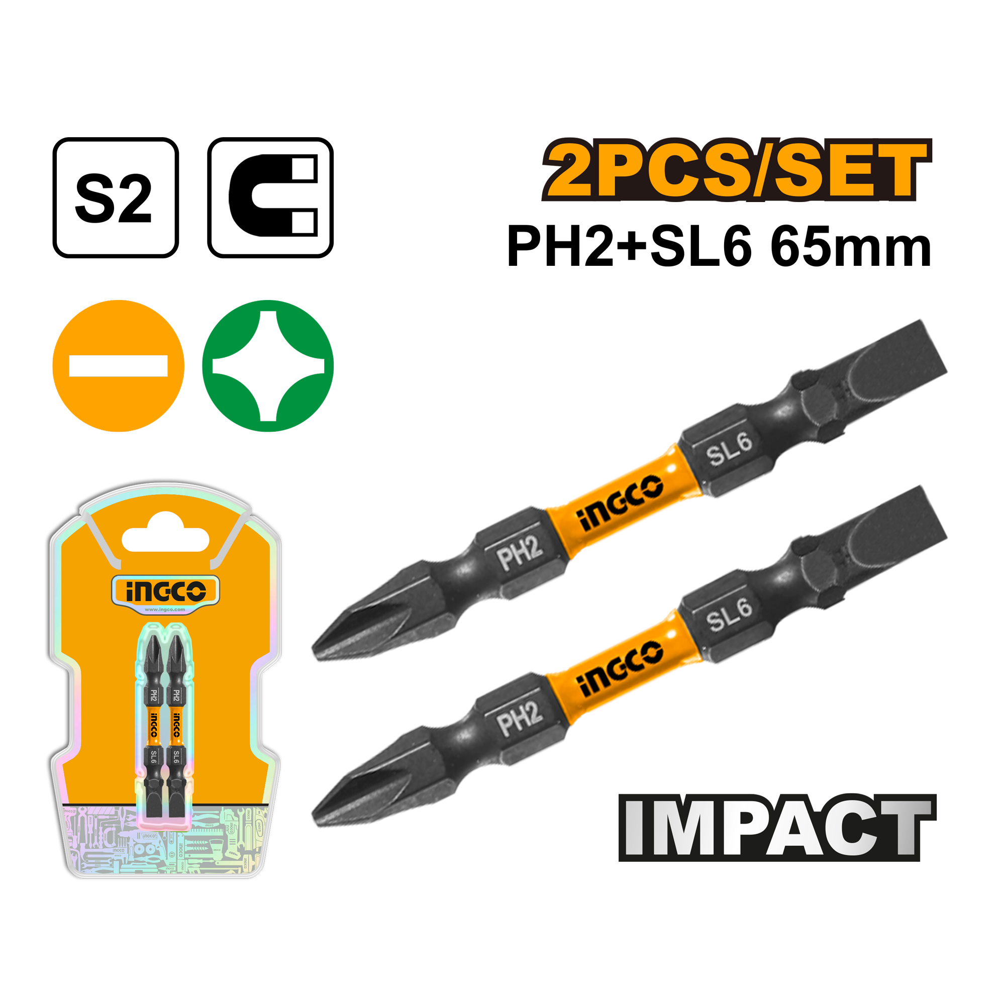 set de 2 puntas para destornillador impacto s2 ph2+sl6 65mm set de 2 puntas para destornillador impacto s2 ph2+sl6 65mm
