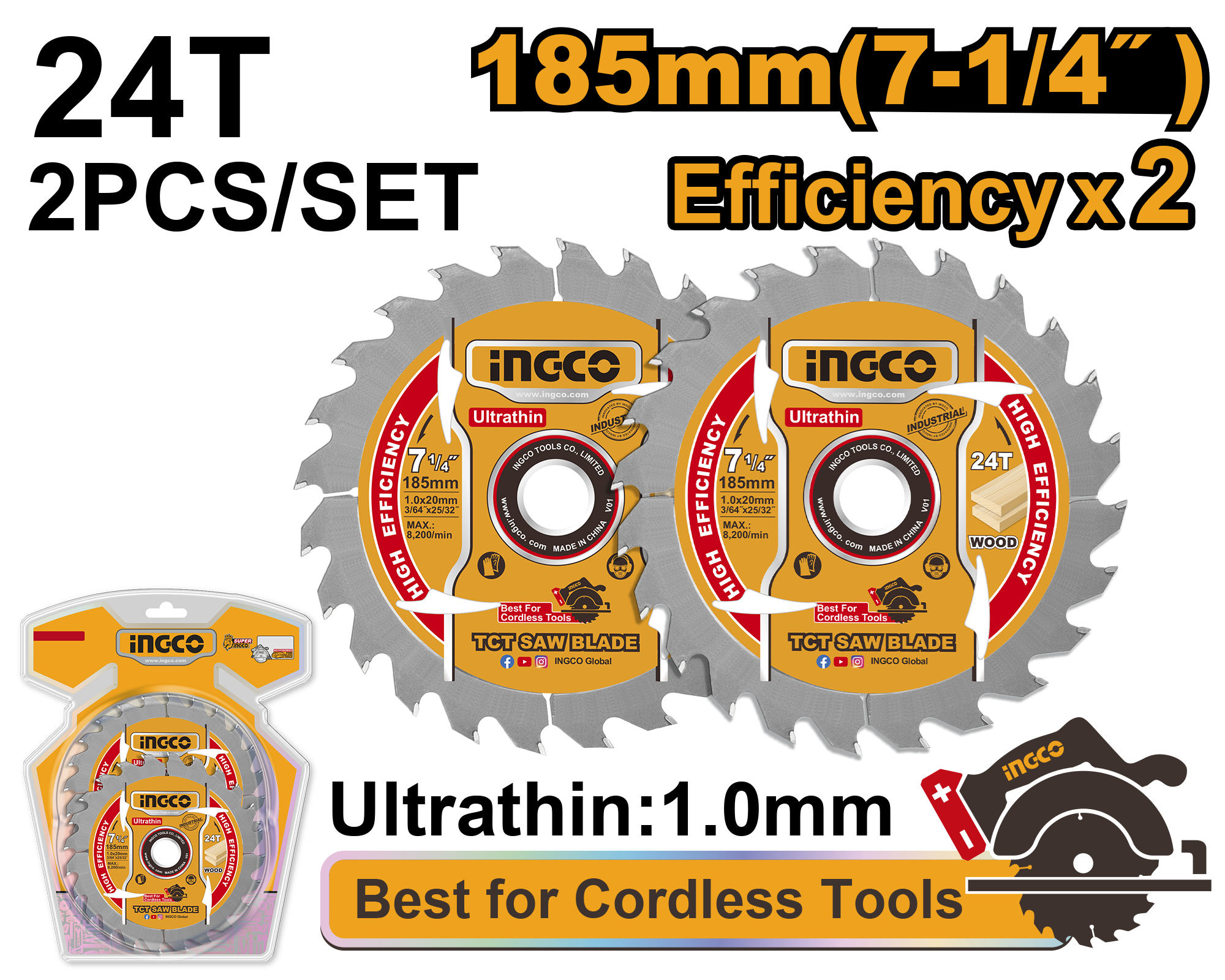 juego de hojas de sierra tct ultrafinas 185mm(7 1/4) 2pcs juego de hojas de sierra tct ultrafinas 185mm(7 1/4) 2pcs