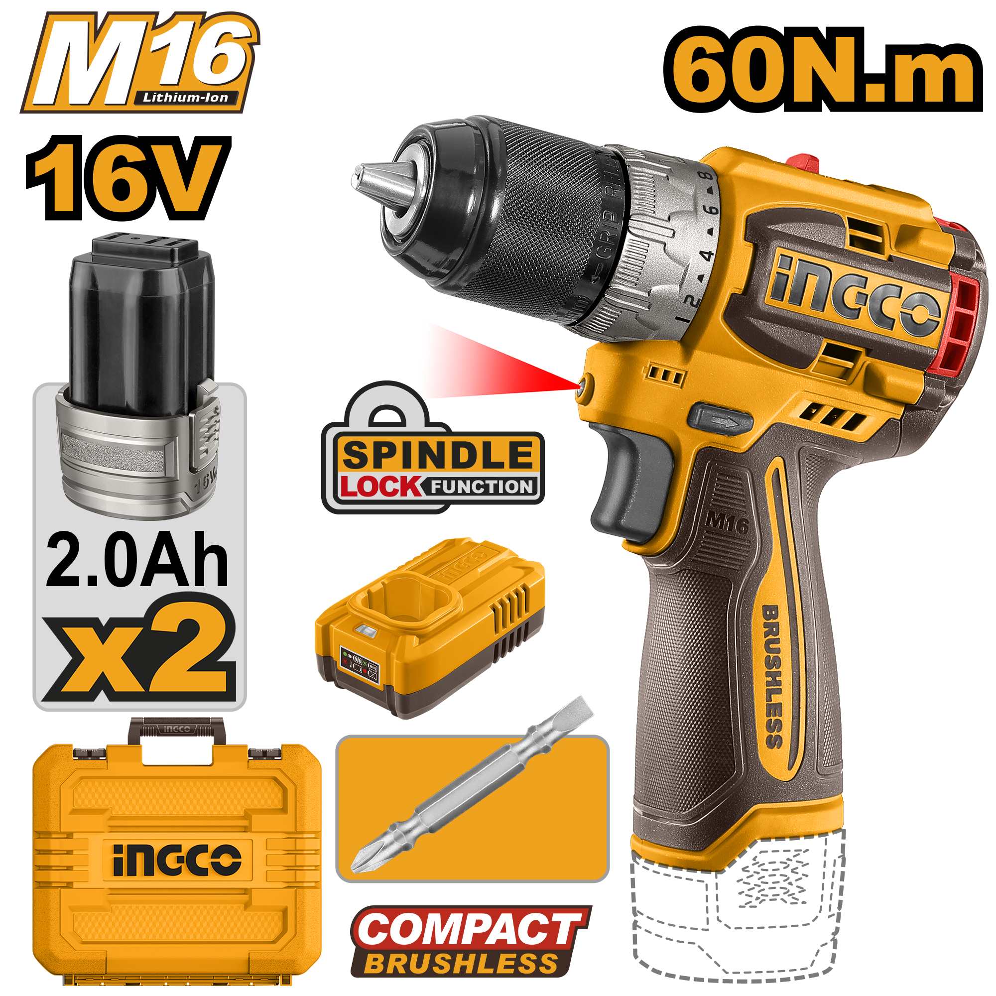 taladro inalambrico de 1/2" 60n.m brushless cargador m16 1.3a 2 baterias m16 2.0ah 16v taladro inalámbrico de 1/2" 60n.m brushless cargador m16 1.3a 2 baterías m16 2.0ah 16v