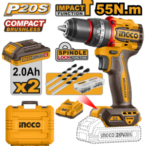 roto martillo inalámbrico 1/2" brushless 55n.m cargador p20s 2.0a 2 baterías p20s 2.0ah 20v