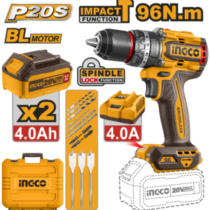roto martillo inalámbrico 1/2" brushless 96n.m cargador p20s 4.0a 2 baterías p20s 4.0ah 20v