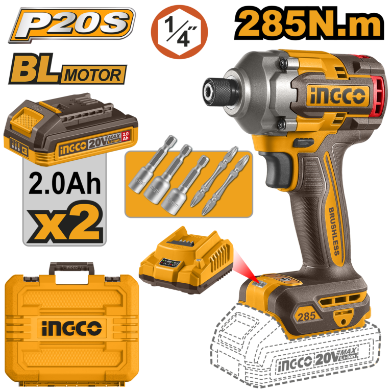 destornillador de impacto inalámbrico 1/4" 285n.m brushless 2 baterías p20s 2.0ah 1 cargador p20s 2.0a 20v