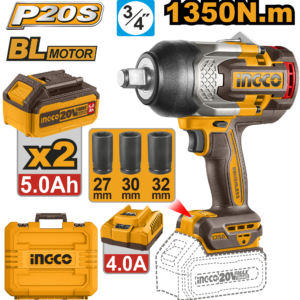 llave de impacto inalámbrica 3/4" 1350n.m brushless cargador p20s 4.0a 2 baterías p20s 5.0ah 20v