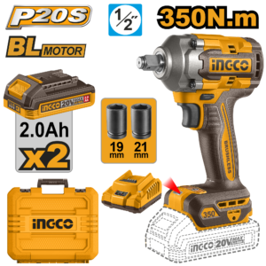 llave de impacto inalámbrica 1/2" 350n.m brushless cargador p20s 2.0a 2 baterías p20s 2.0ah 20v
