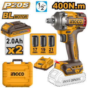 llave de impacto inalámbrica 1/2" 400n.m (brushless) incluye cargador p20s 2.0a y 2 baterías p20s 2.0ah (20v)