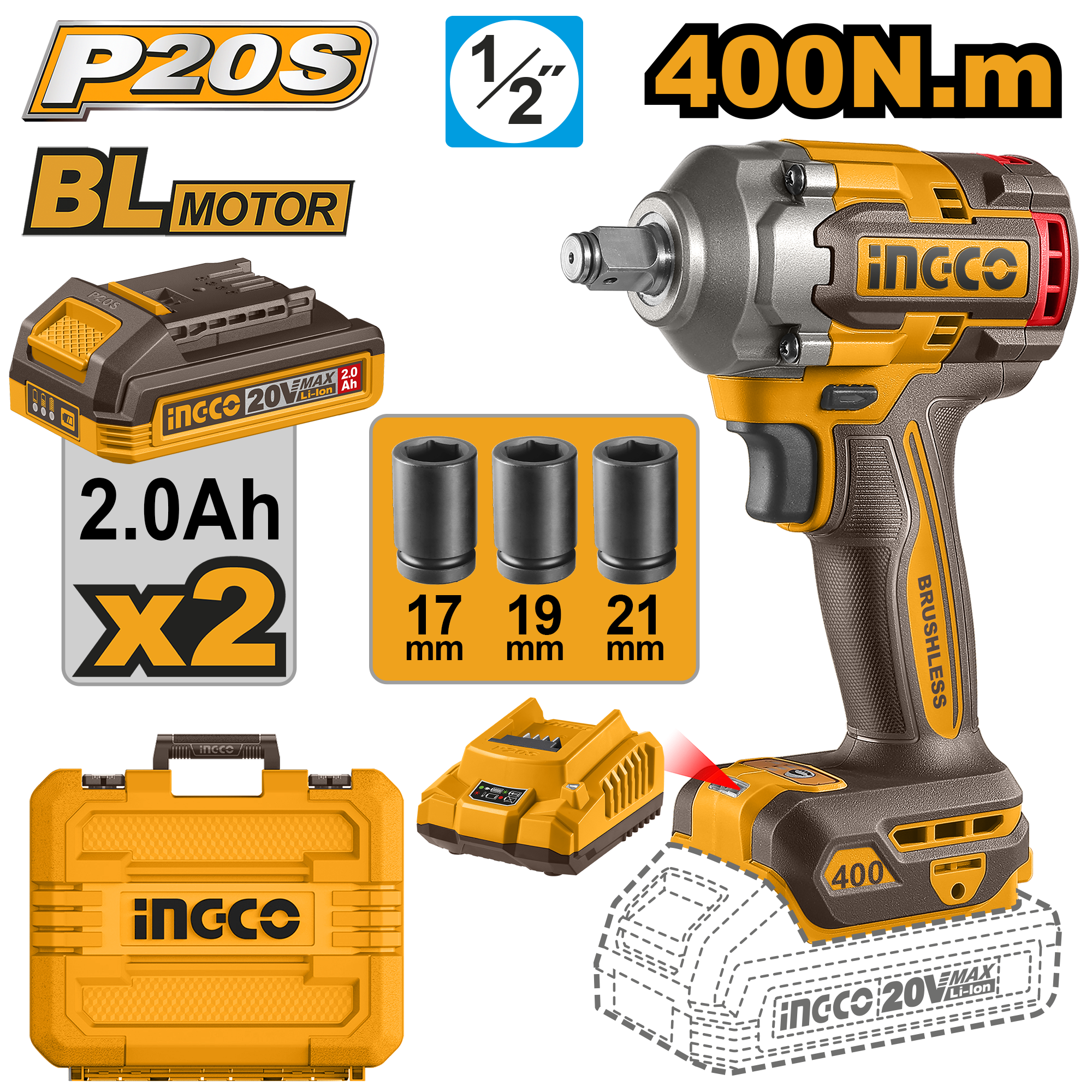 llave de impacto inalambrica 1/2" 400n.m (brushless) incluye cargador p20s 2.0a y 2 baterias p20s 2.0ah (20v) llave de impacto inalámbrica 1/2" 400n.m (brushless) incluye cargador p20s 2.0a y 2 baterías p20s 2.0ah (20v)