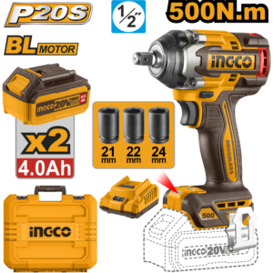 llave de impacto inalámbrica 1/2" 500n.m brushless cargador p20s2.0a 2 baterías p20s 4.0ah 20v