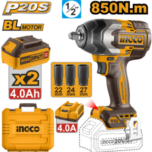 llave de impacto inalámbrica 1/2" 850n.m brushless cargador p20s 4.0a 2 baterías p20s 4.0ah 20v