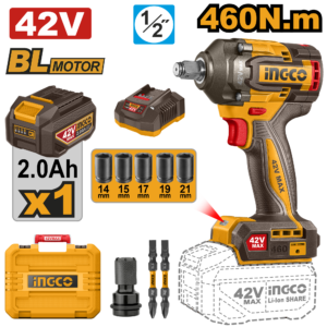 llave de impacto inalámbrica 1/2" 460n.m (brushless) incluye cargador p42m 2.0a y 2 baterías p42m 2.0ah (42v)