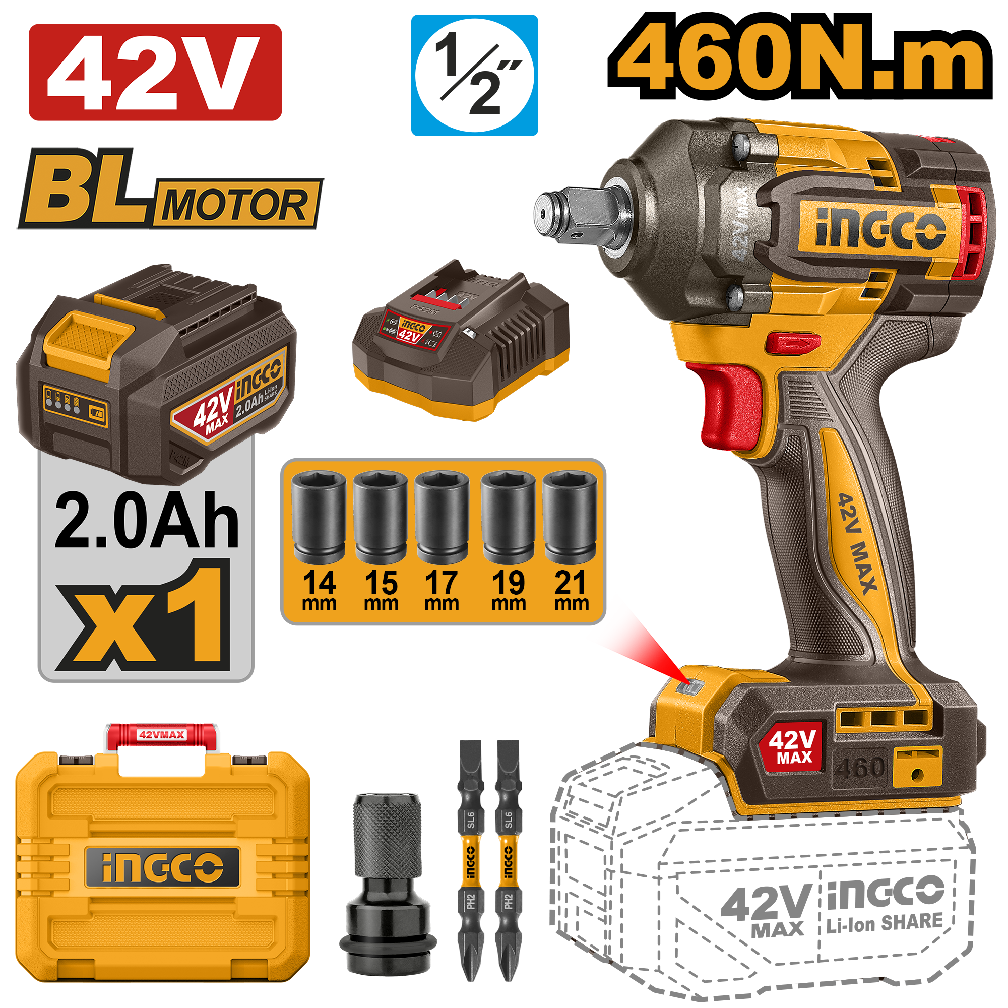 llave de impacto inalambrica 1/2" 460n.m (brushless) incluye cargador p42m 2.0a y 2 baterias p42m 2.0ah (42v) llave de impacto inalámbrica 1/2" 460n.m (brushless) incluye cargador p42m 2.0a y 2 baterías p42m 2.0ah (42v)