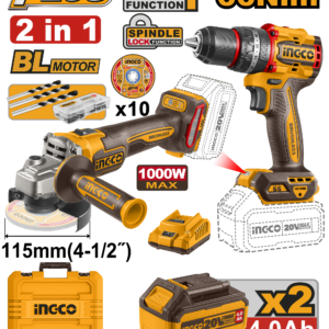 kit de amoladora angular inalámbrica 4 1/2" 1000w 20v brushless / rotomartillo inalámbrico 1/2" 66n.m 20v brushless / cargador p20s 2.0a / batería p20s 2.0ah / batería p20s 4.0ah 20v