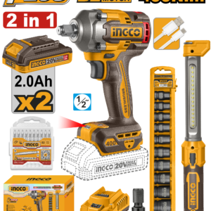 kit de llave de impacto inalámbrica 1/2" 400n.m brushless y lampara de trabajo cargador p20s 2.0a 2 baterías p20s 2.0ah 20v