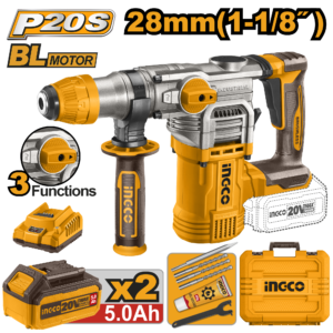 roto martillo perforador rotativo inalámbrico 1 1/8" brushless cargador p20s 2.0a 2 baterías p20s 5.0ah 20v