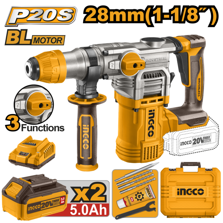 roto martillo perforador rotativo inalámbrico 1 1/8" brushless cargador p20s 2.0a 2 baterías p20s 5.0ah 20v