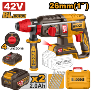 roto martillo perforador rotativo inalámbrico 1" brushless cargador p42m 2.0a 2 baterías p42m 2.0ah 42v