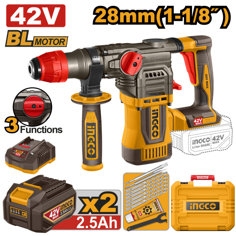 roto martillo perforador rotativo inalámbrico 1 1/8" brushless 2 baterías p42m2.5ah 1 cargador 2.0a 42v