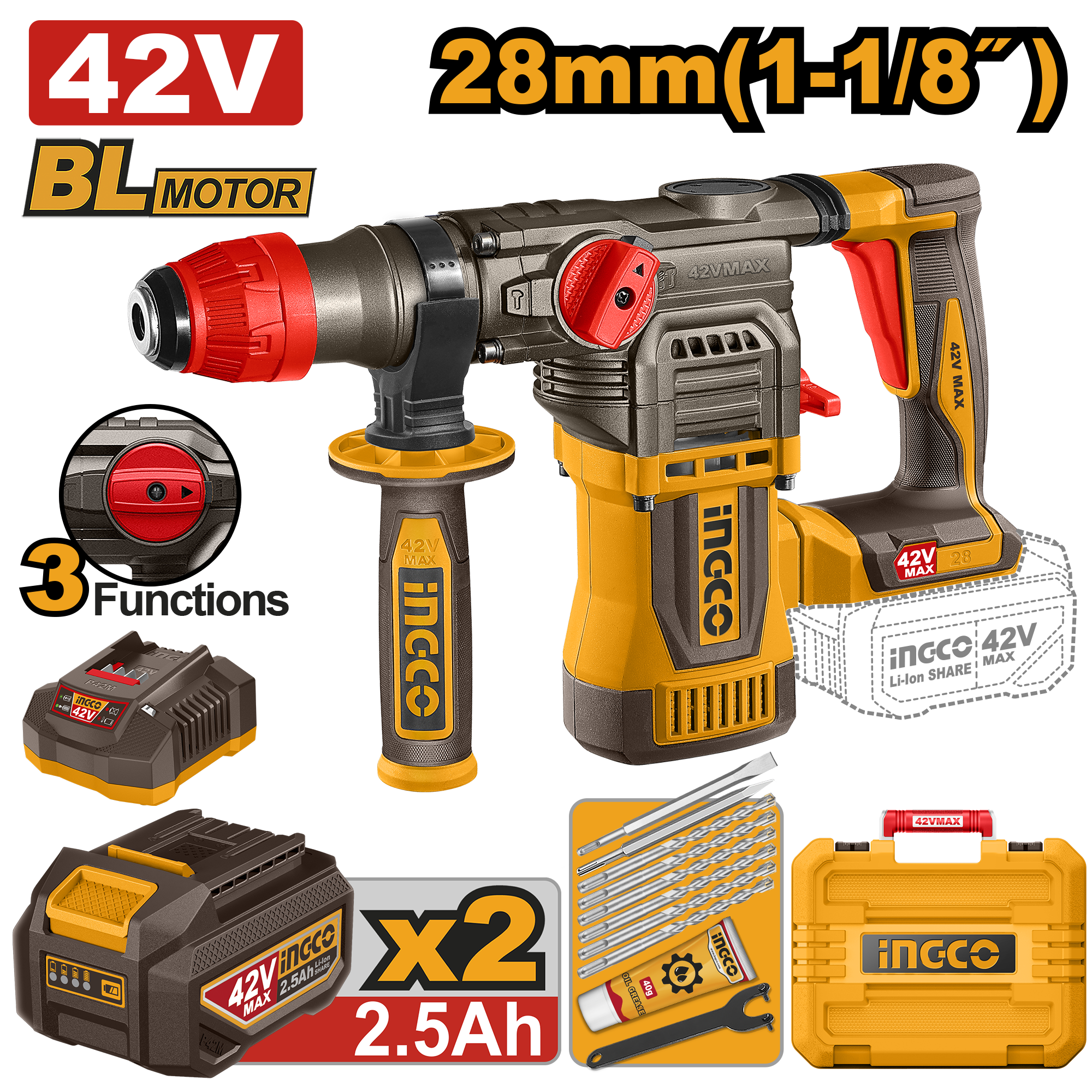 roto martillo perforador rotativo inalambrico 1 1/8" brushless 2 baterias p42m2.5ah 1 cargador 2.0a 42v roto martillo perforador rotativo inalámbrico 1 1/8" brushless 2 baterías p42m2.5ah 1 cargador 2.0a 42v