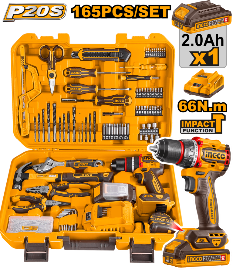 set de 165 herramientas con roto martillo 1/2" inalámbrico brushless 66n.m 20v